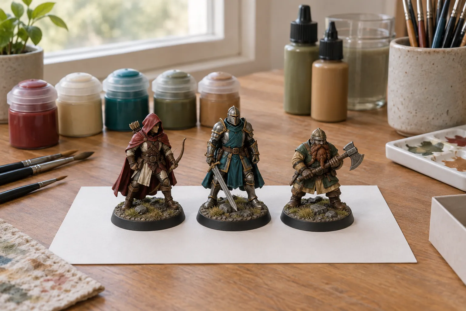 Three identical miniatures test-painted in different colour schemes side by side.
