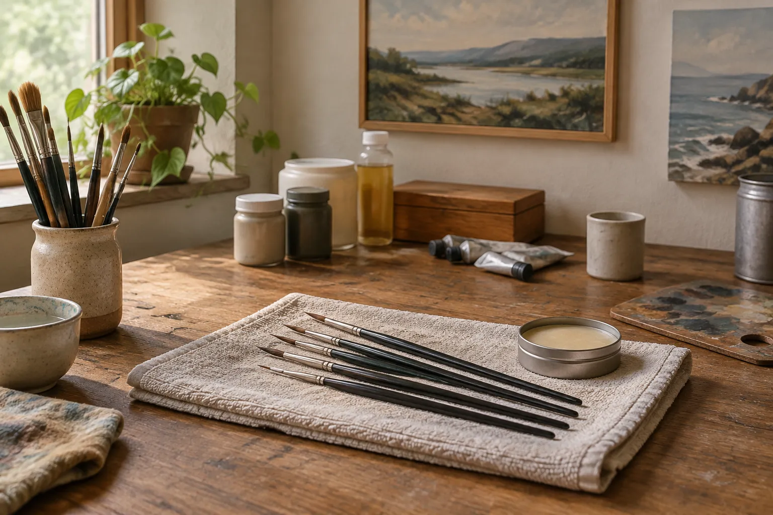 Cleaned brushes drying flat on a towel, tips reshaped, beside a tin of brush soap.