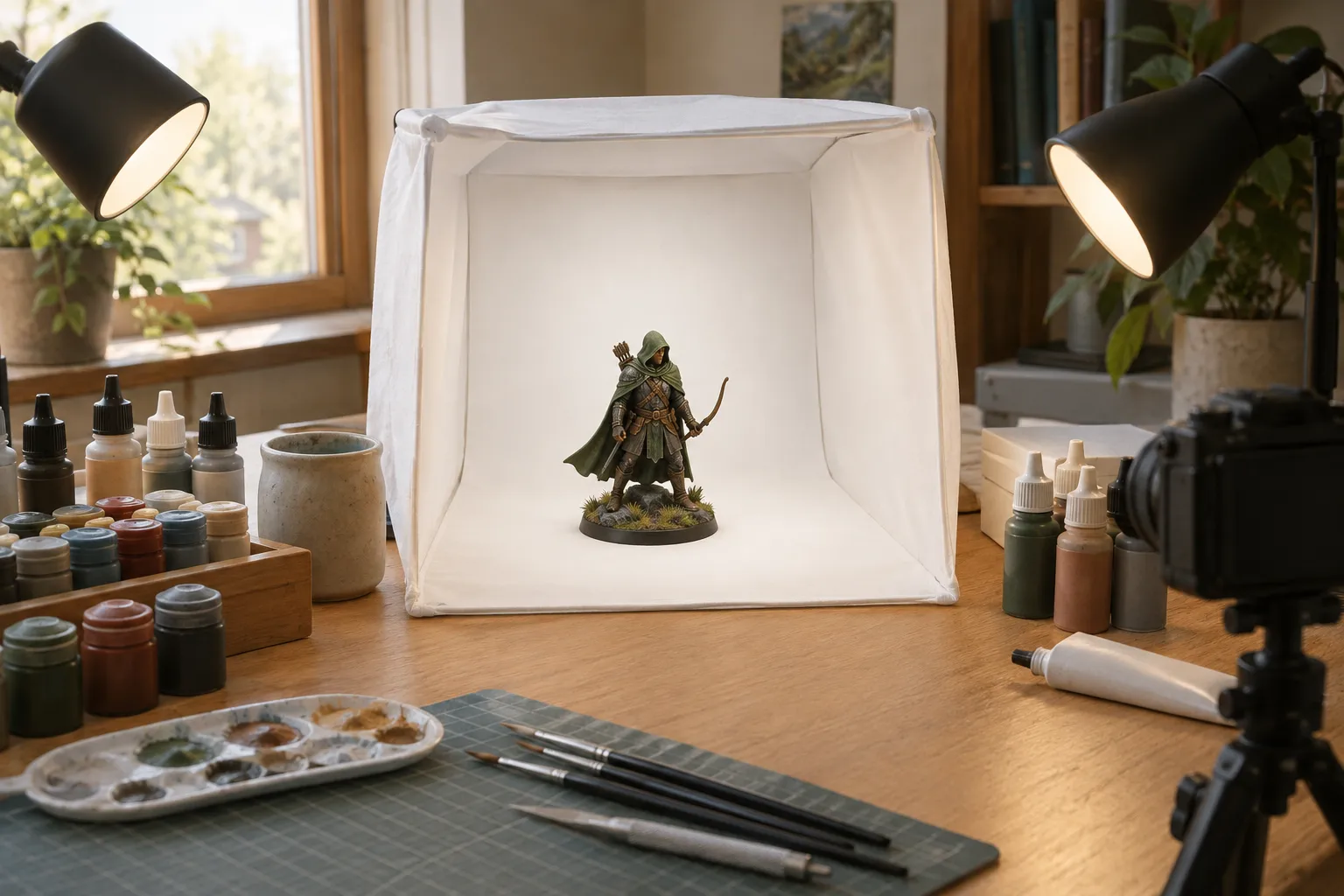 A finished painted miniature in a small white light tent ready to be photographed.