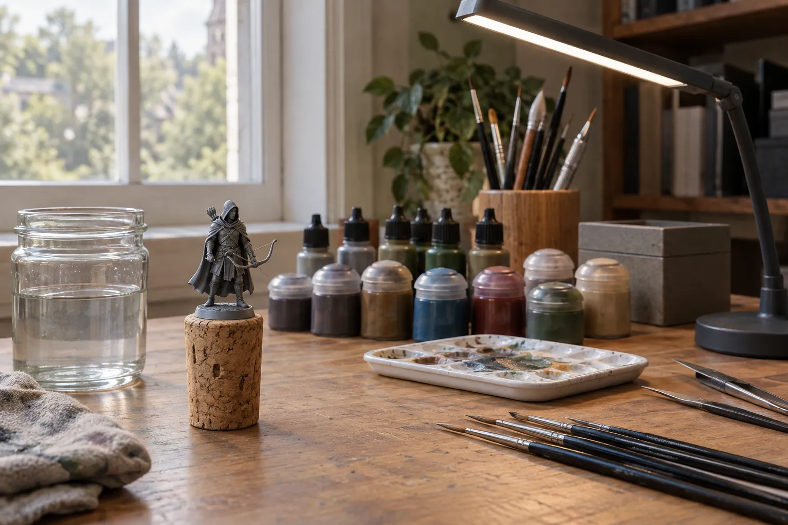 A primed miniature on a wine cork beside a water jar under a daylight lamp.