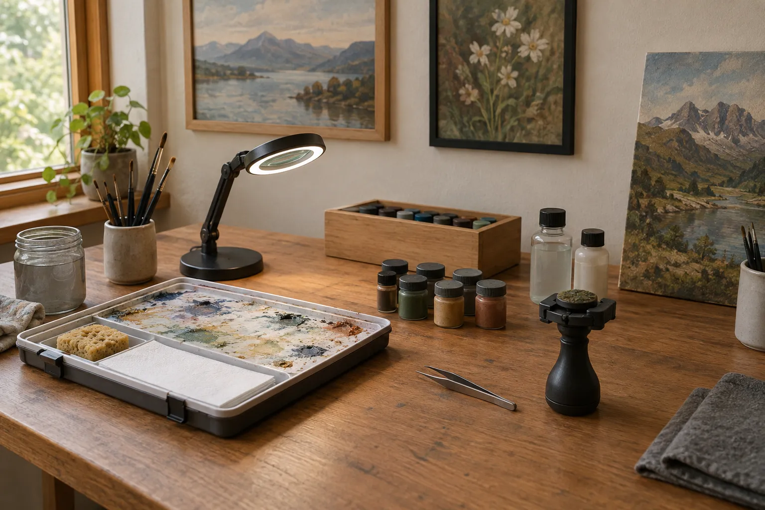 Optional kit: a wet palette, a magnifying lamp, tweezers and a painting handle.
