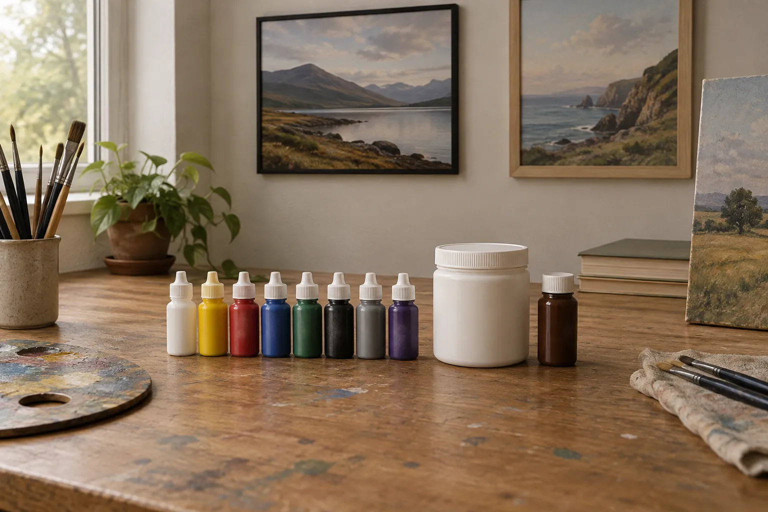 A row of eight blank paint bottles with a primer pot and a wash bottle.