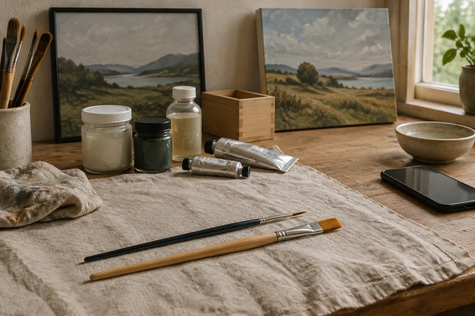 Two brushes on a linen cloth: a small fine-pointed round and a larger flat.