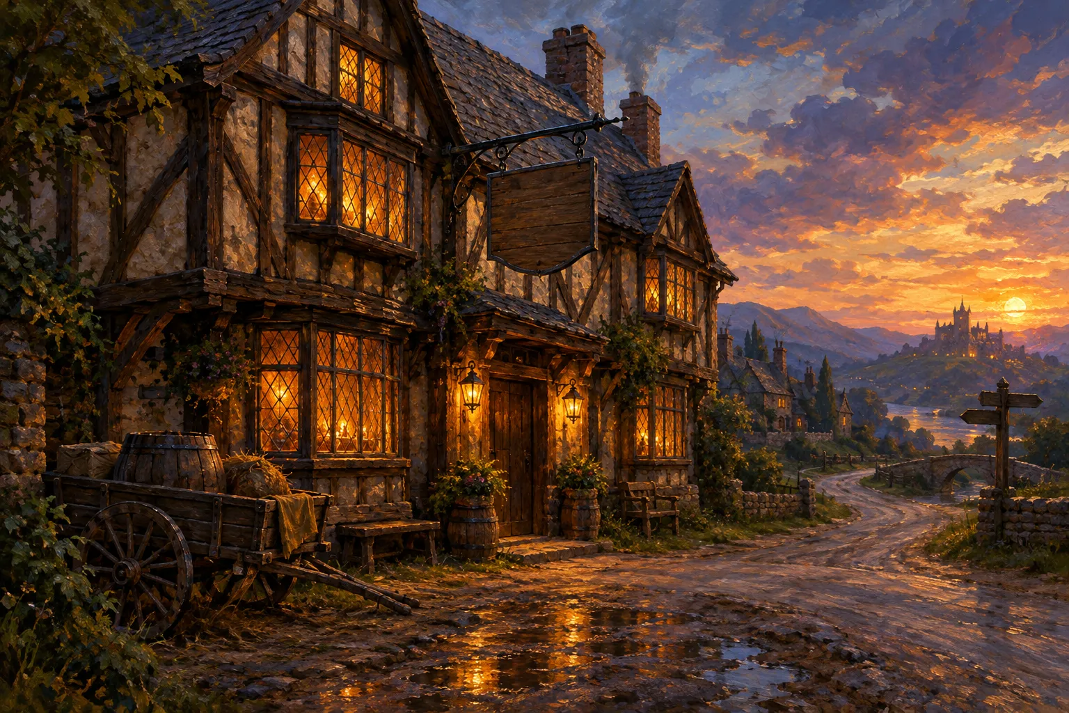 An oil painting of a timber-framed inn at a crossroads, its hanging sign blank.