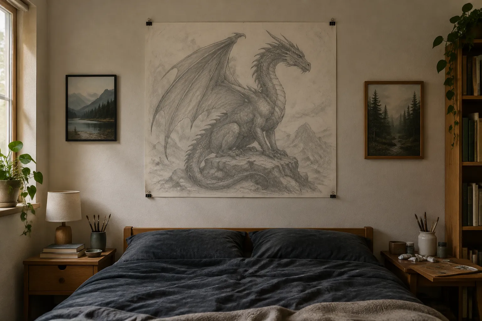 A large unframed sheet of a pencil dragon drawing clipped to a bedroom wall.
