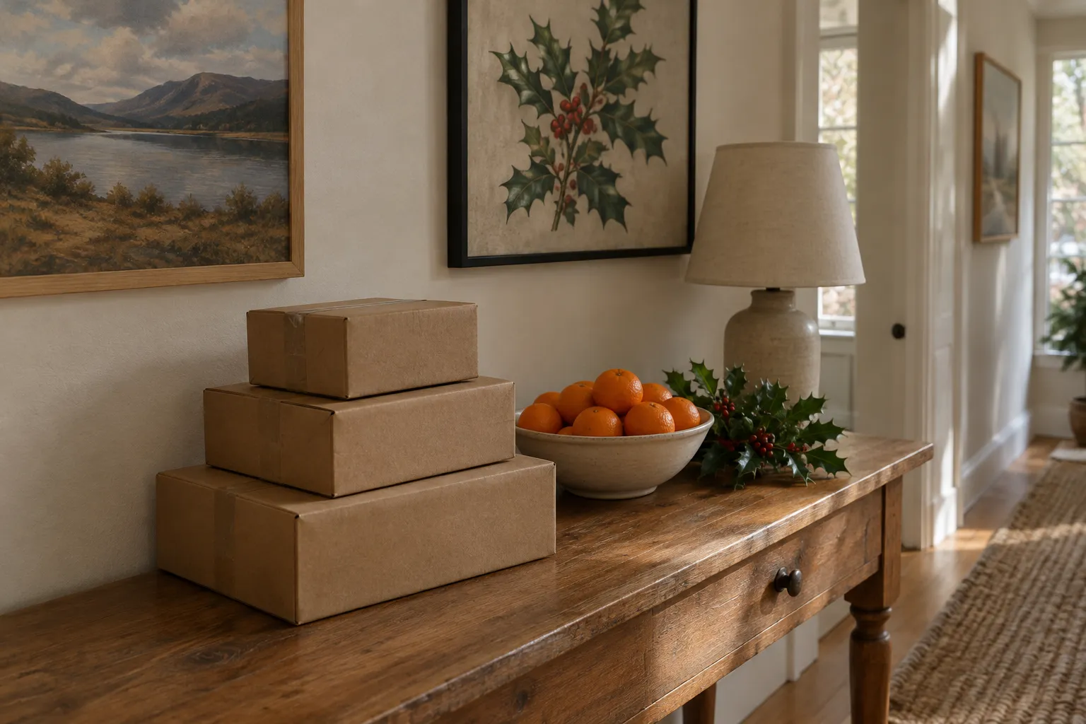 Plain parcels stacked on a hallway table with clementines and holly.