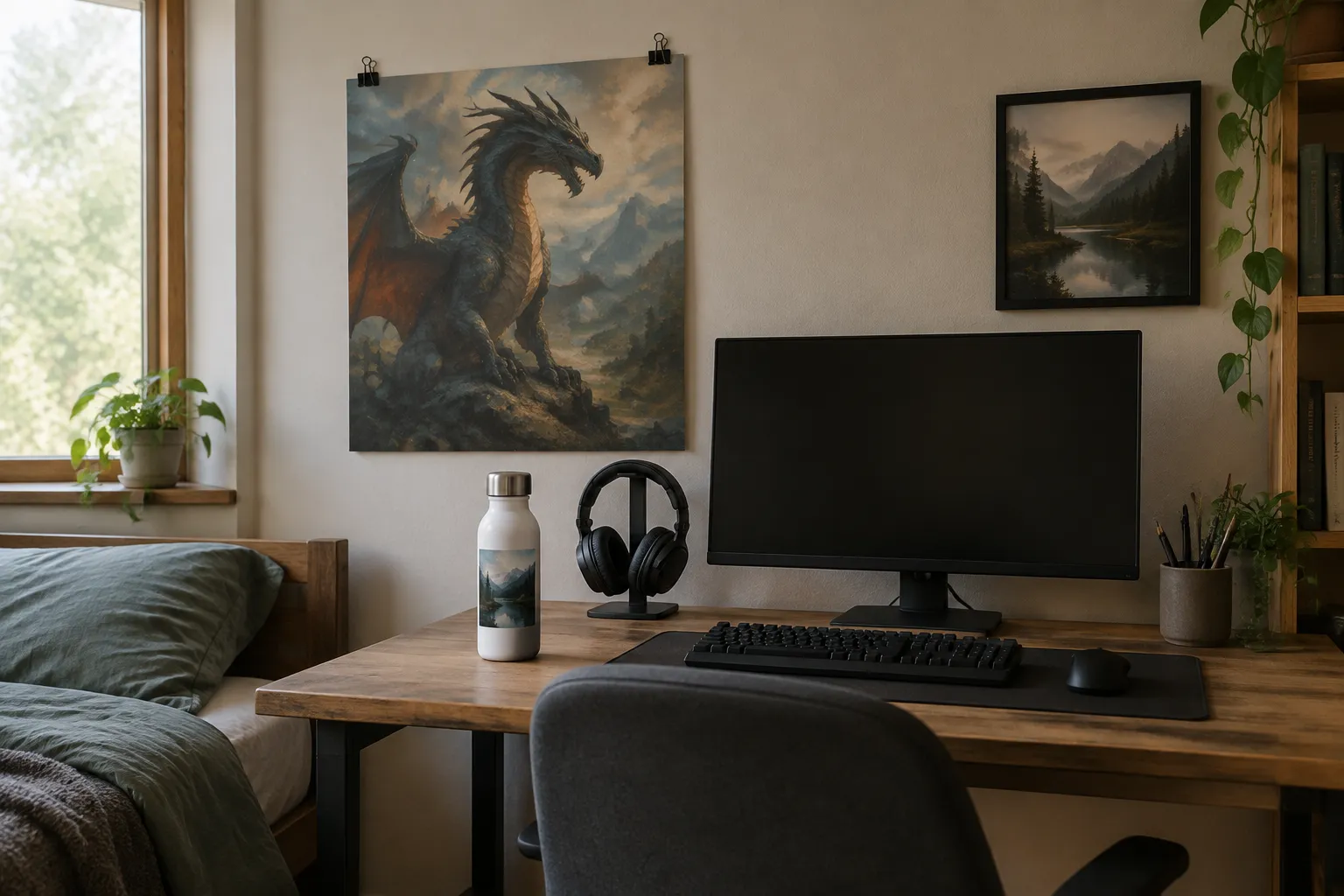 A teenage bedroom desk with a dragon picture on the wall above and a picture bottle on the desk.