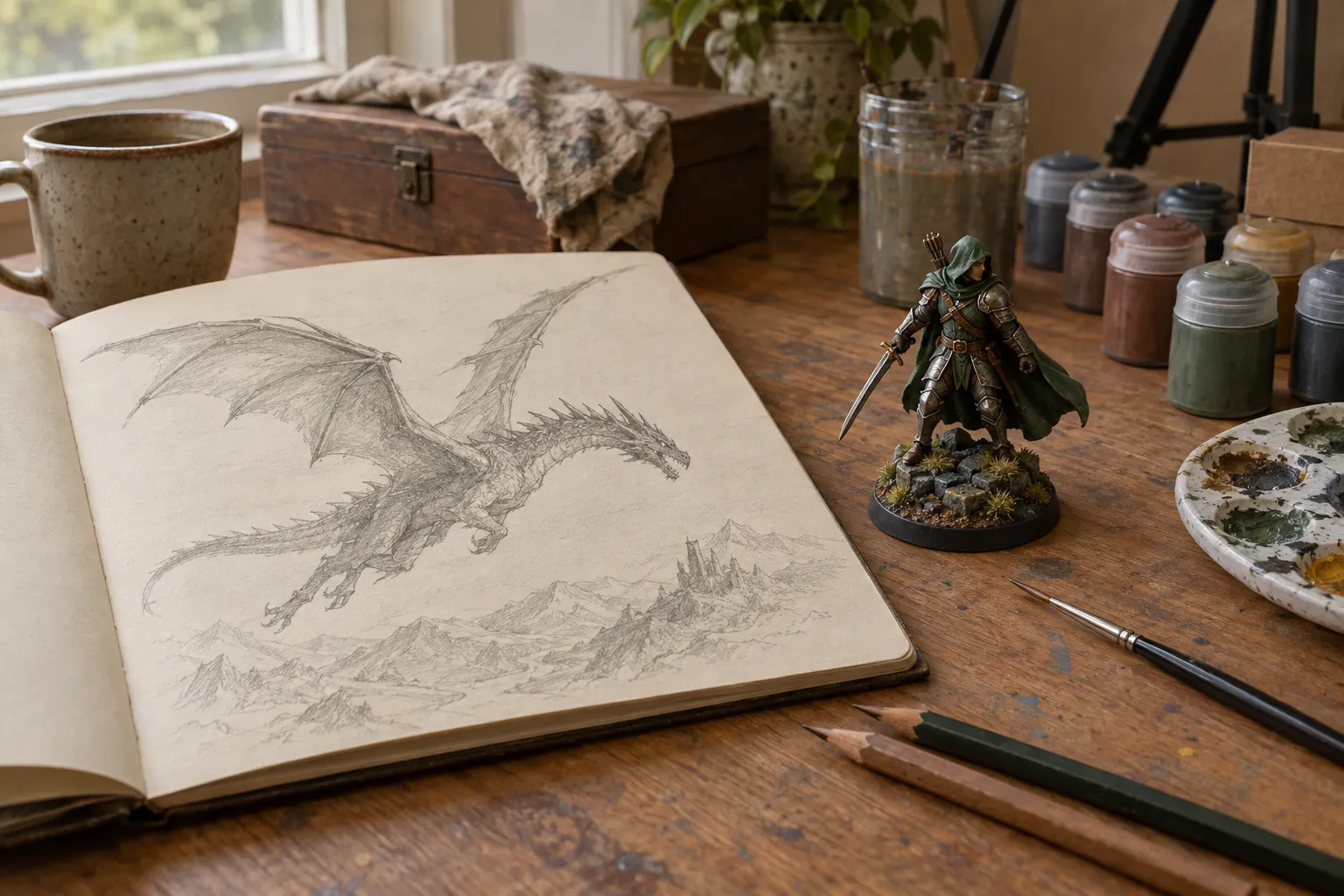 A pencil dragon drawing in a sketchbook beside a painted miniature on a desk.