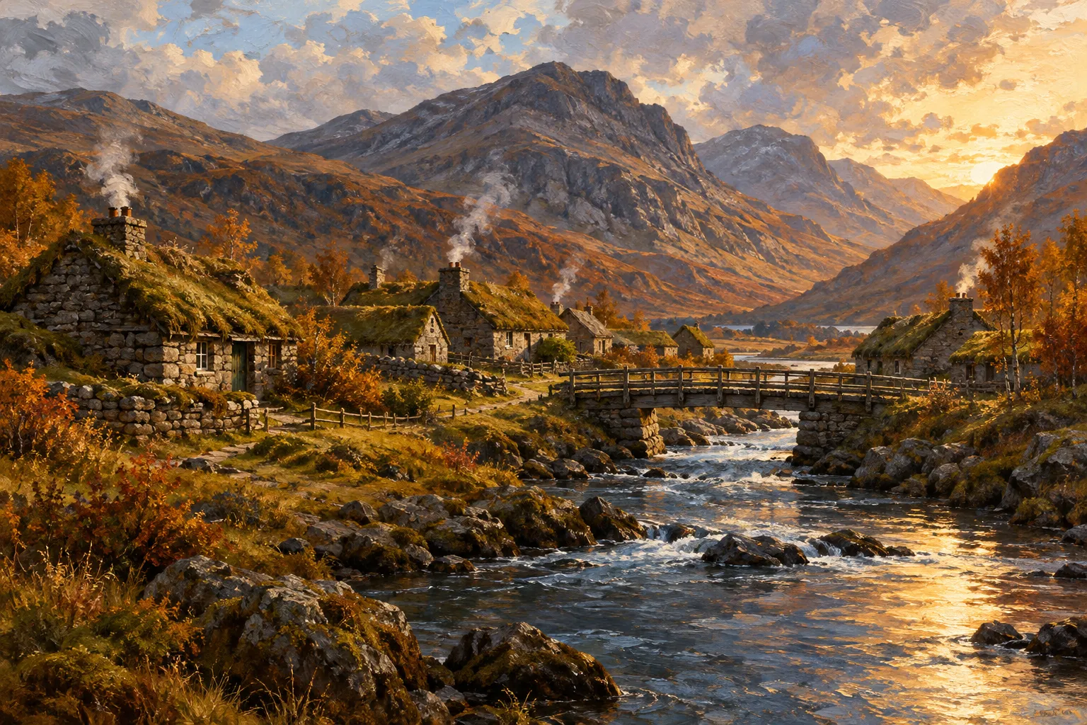 An oil painting of a stone village by a river beneath bare fells.