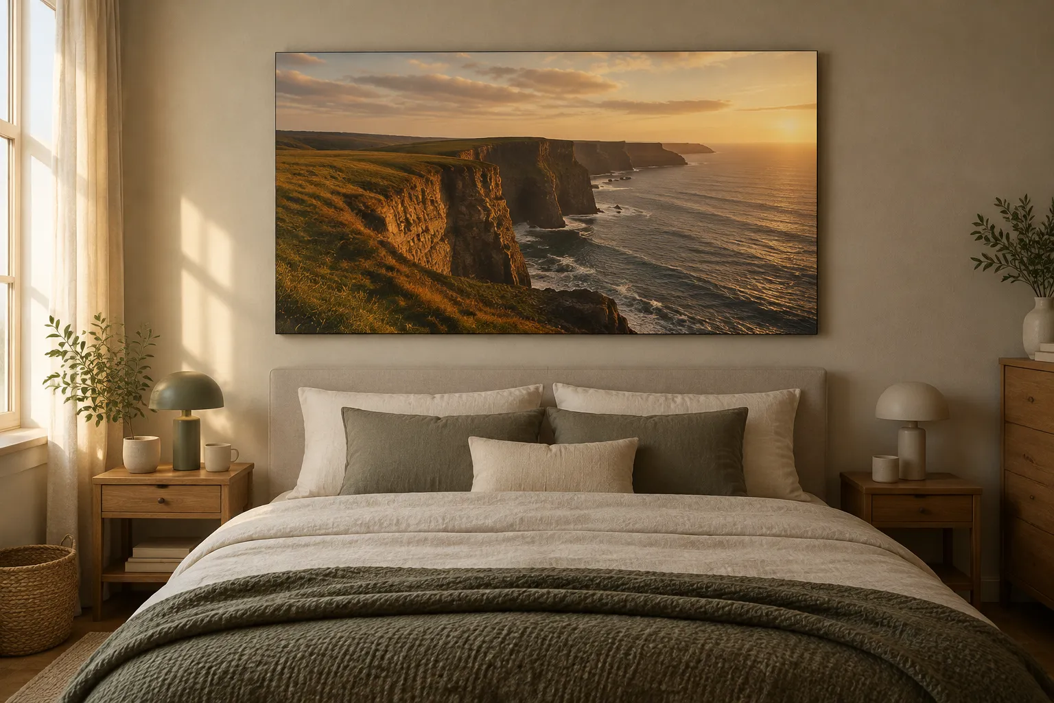 A large canvas of a sea-cliff photograph above a bed.