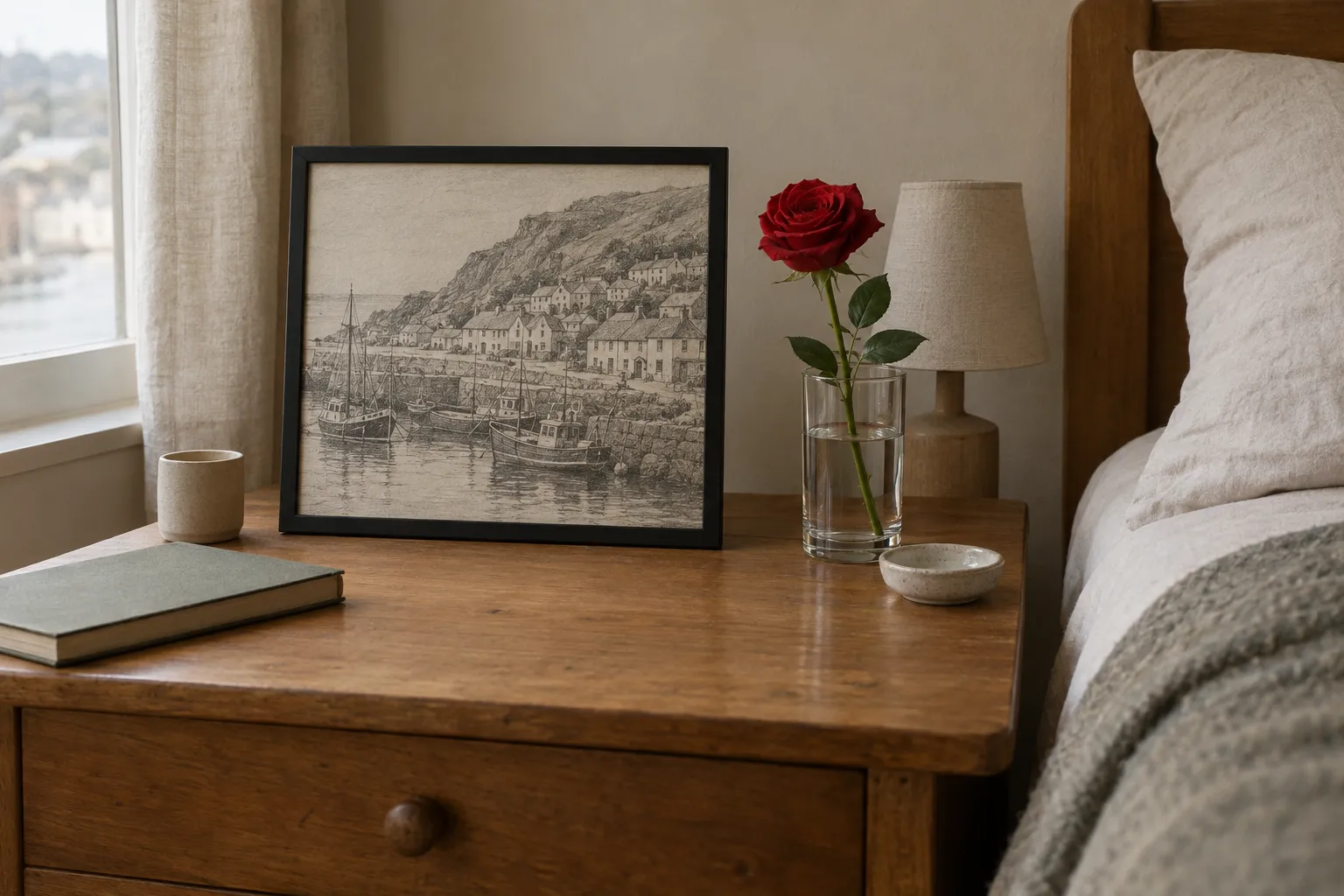 A framed pencil drawing of a harbour on a bedside table beside a red rose.