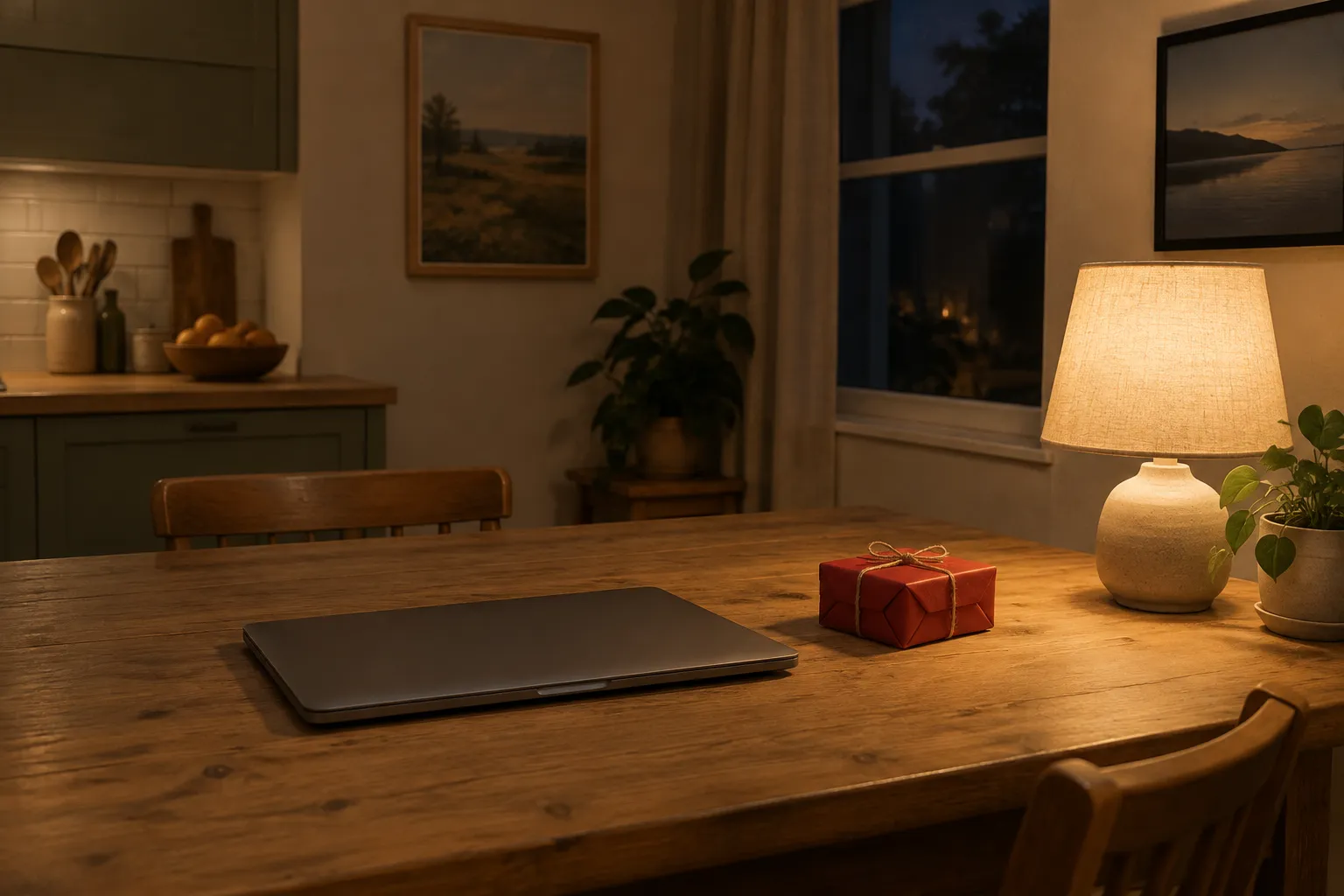 A closed laptop on a kitchen table at night beside a small red present.