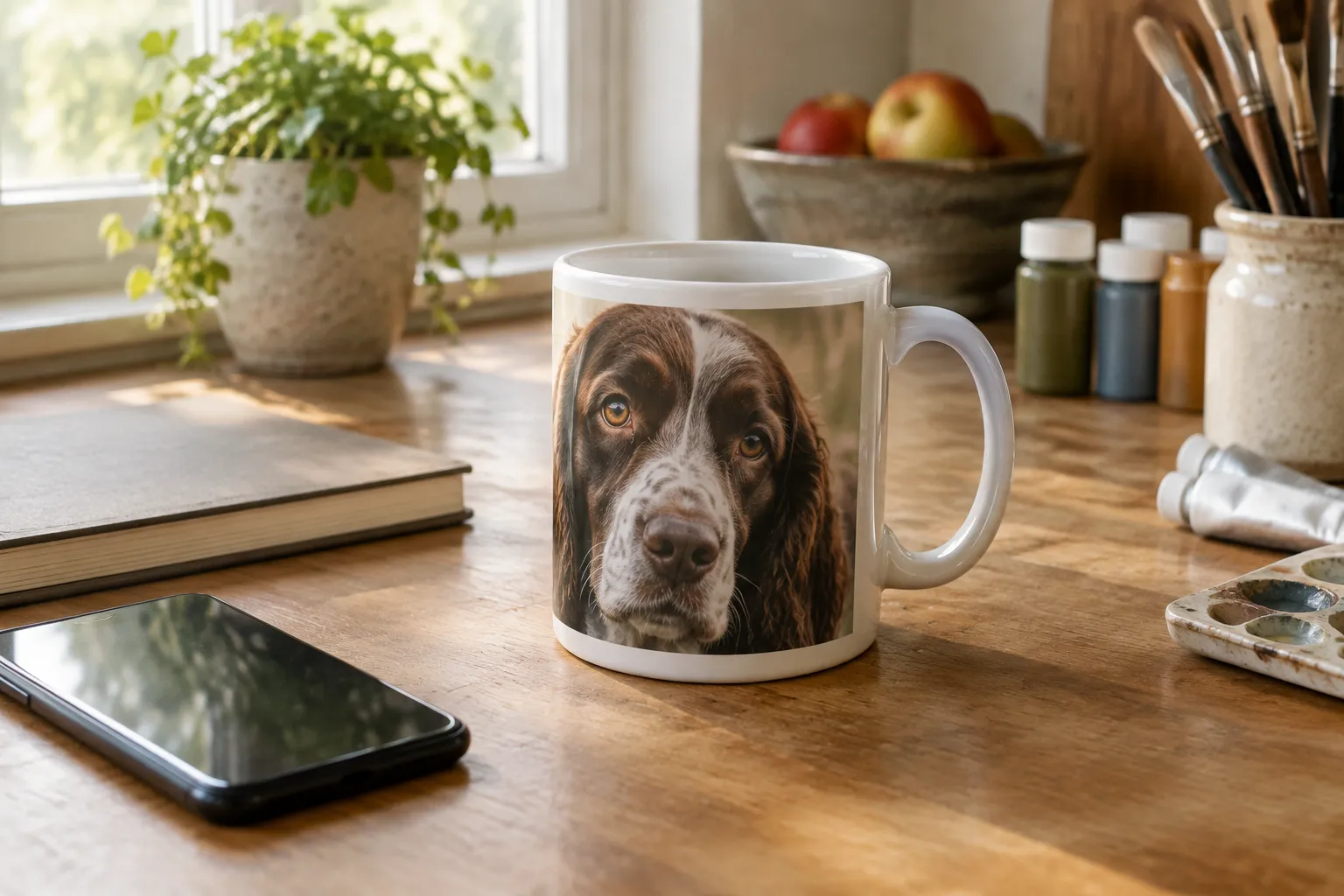 A white mug on a kitchen table printed with a close crop of a spaniel’s head.