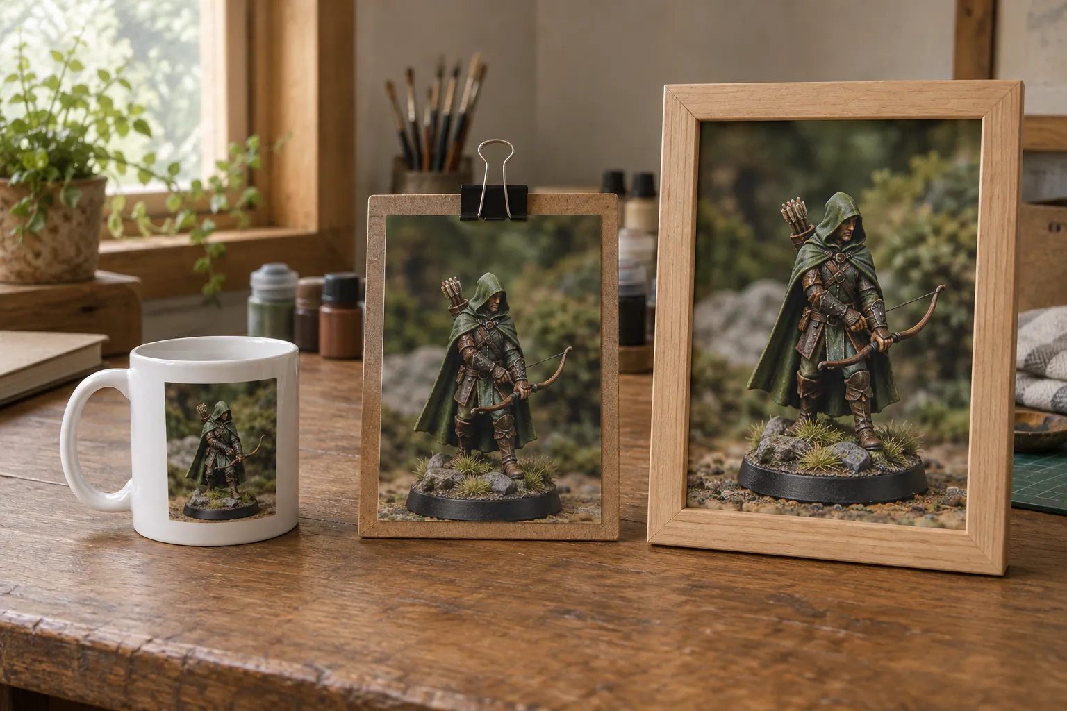 A mug, an unframed sheet and a framed picture in a row, each with the same painted miniature.
