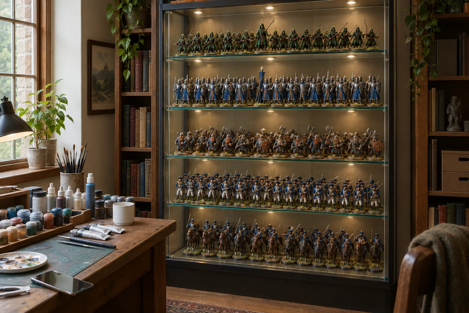 A lit glass cabinet holding ranks of painted miniatures from one army.