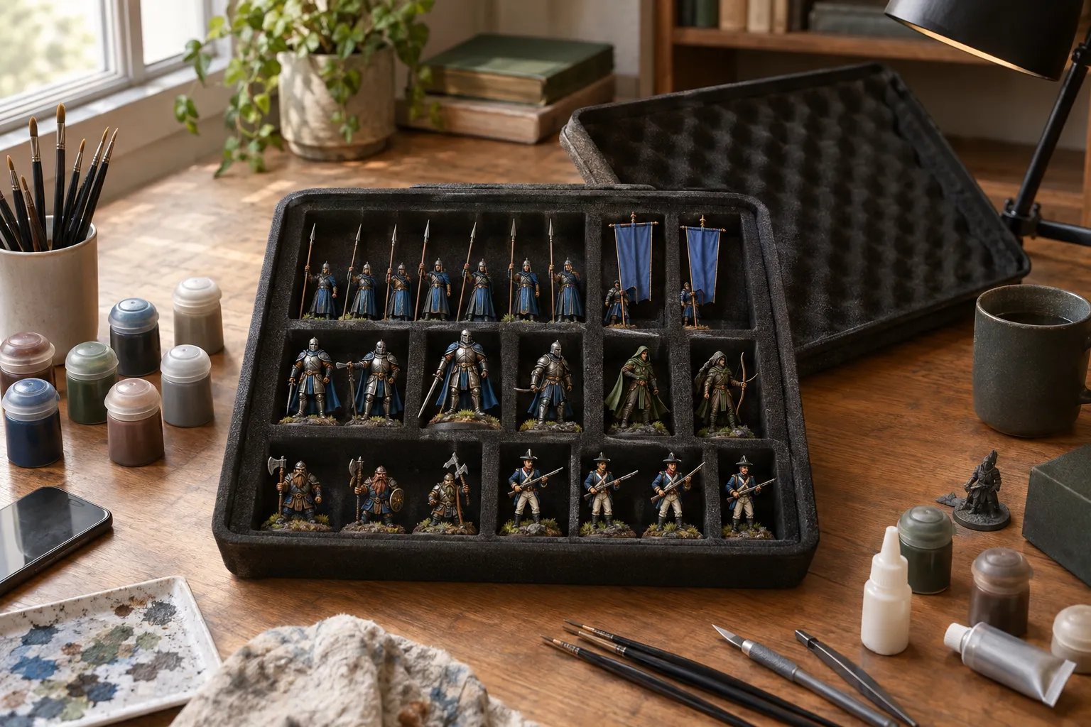 A foam tray of painted miniatures on a club table, lid open, under a desk lamp.