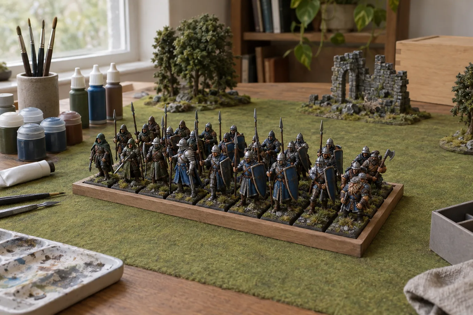 A painted army in ranks on a movement tray on a terrain board.
