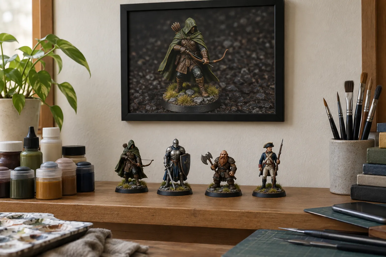 A shelf of painted miniatures with a framed picture of one of them above.