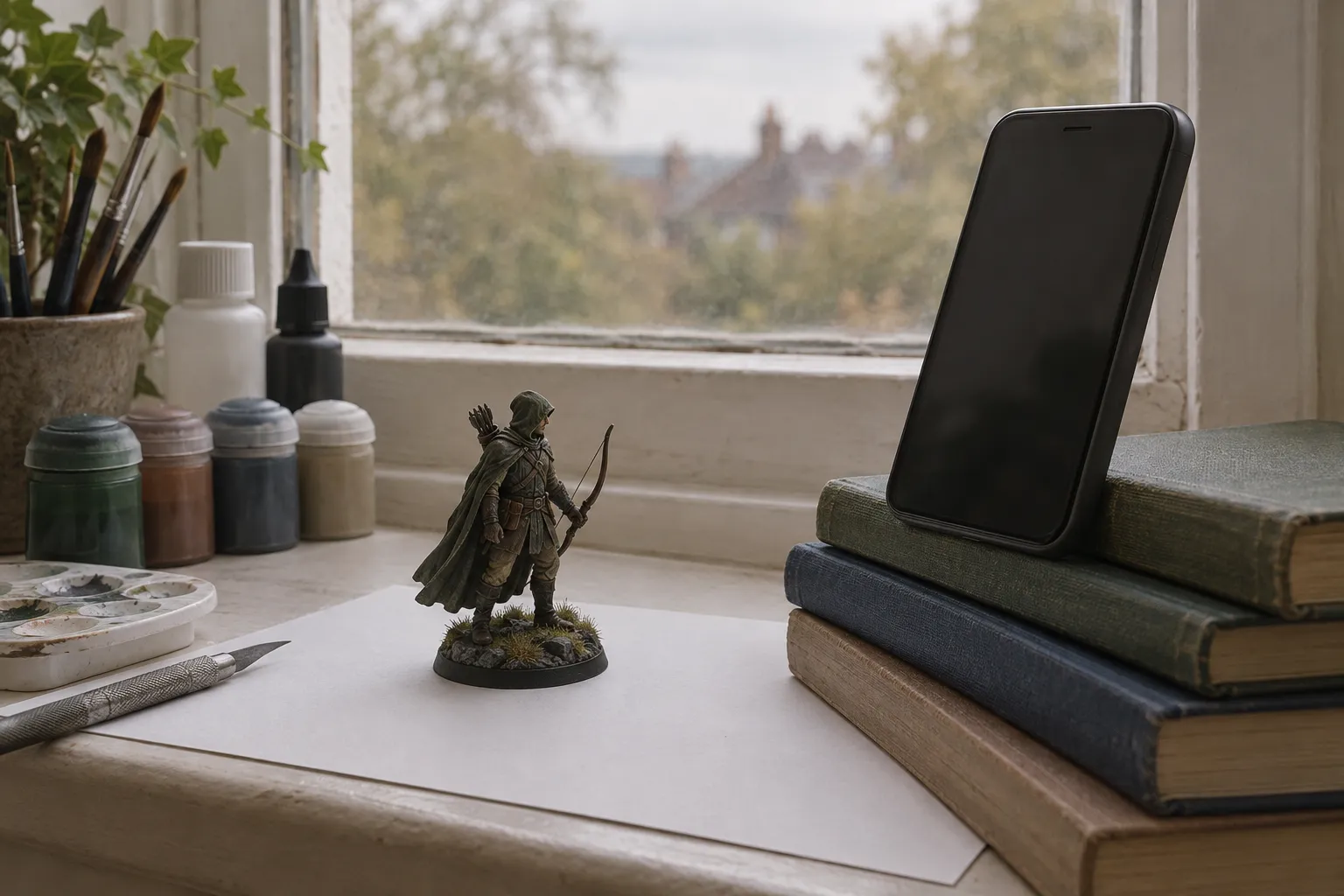 A painted miniature on white card on a windowsill with a phone on books facing it.