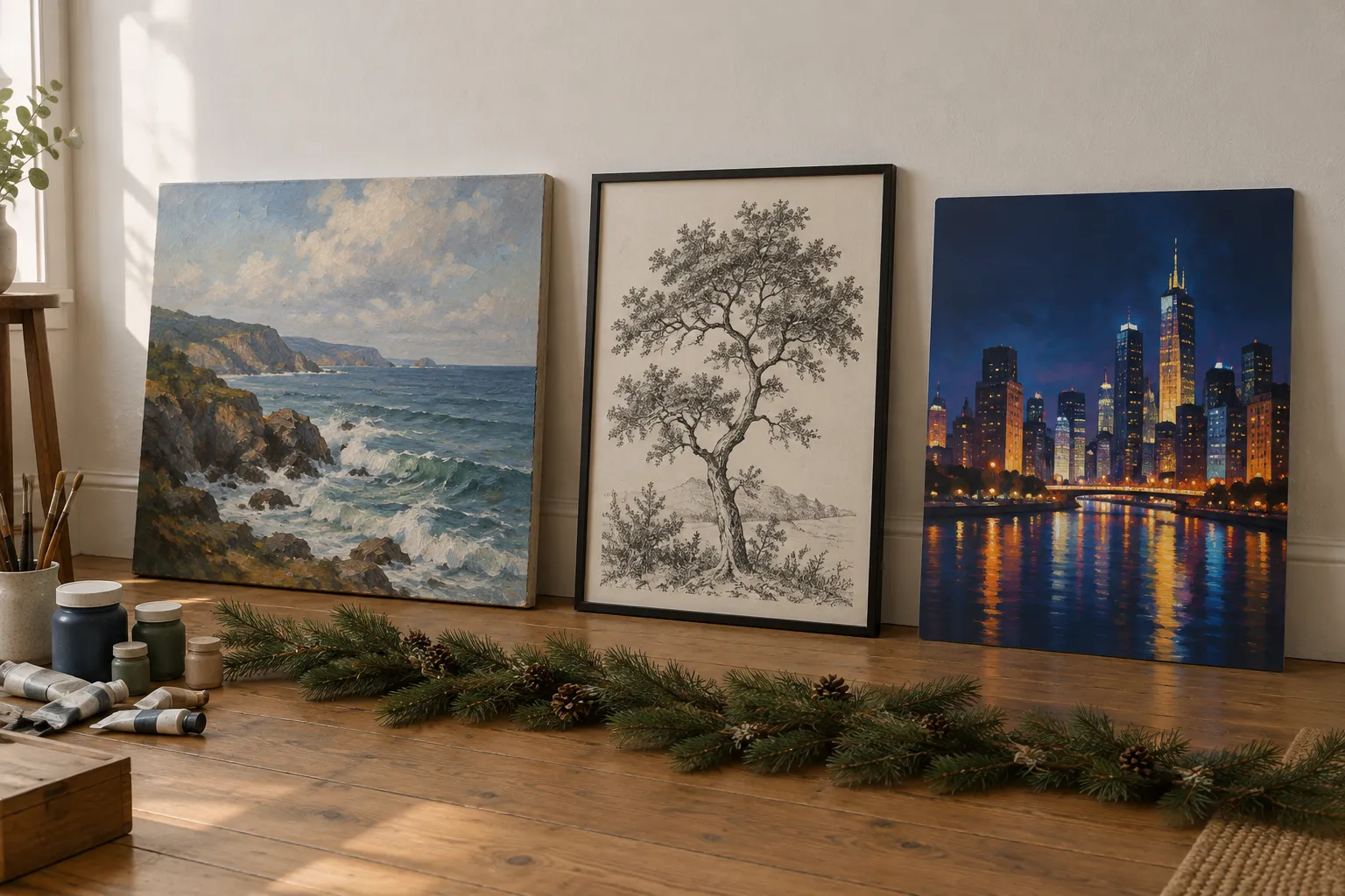 A canvas of an oil painting, a framed ink drawing and a metal panel of a digital painting leaning on a wall.
