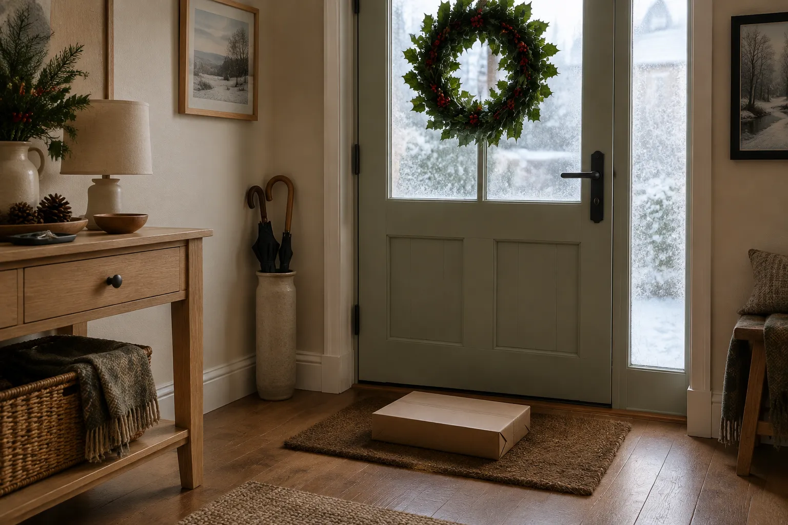 A flat parcel on a doormat inside a front door with a holly wreath.