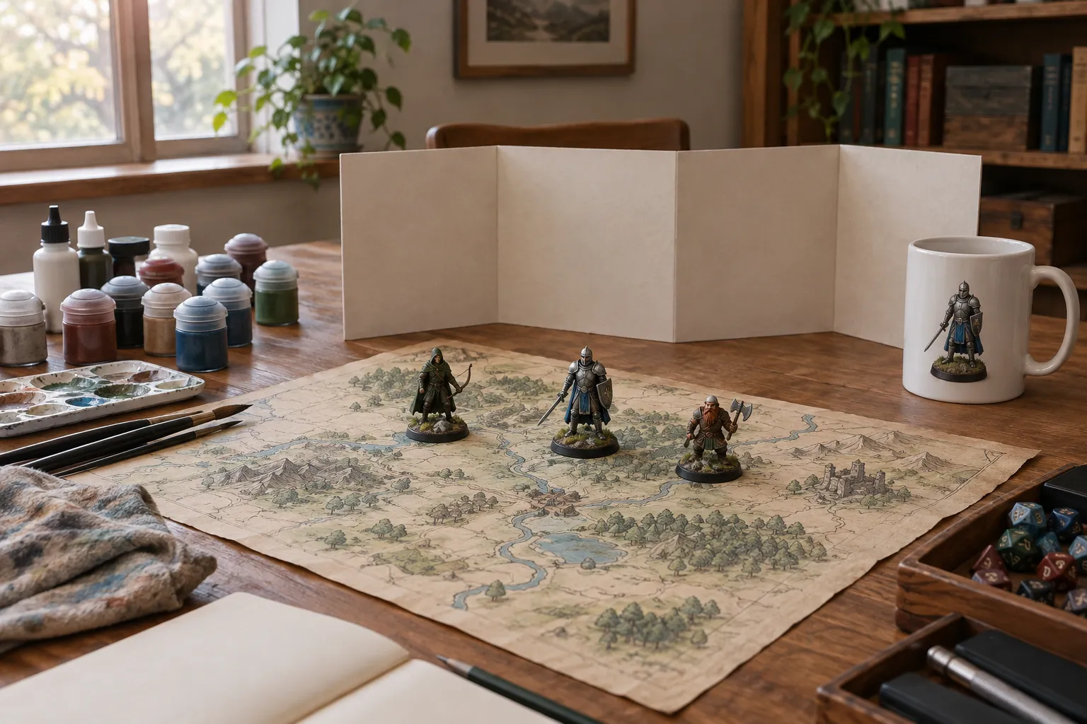 A game master’s table with a hand-drawn map, painted miniatures and a picture mug.