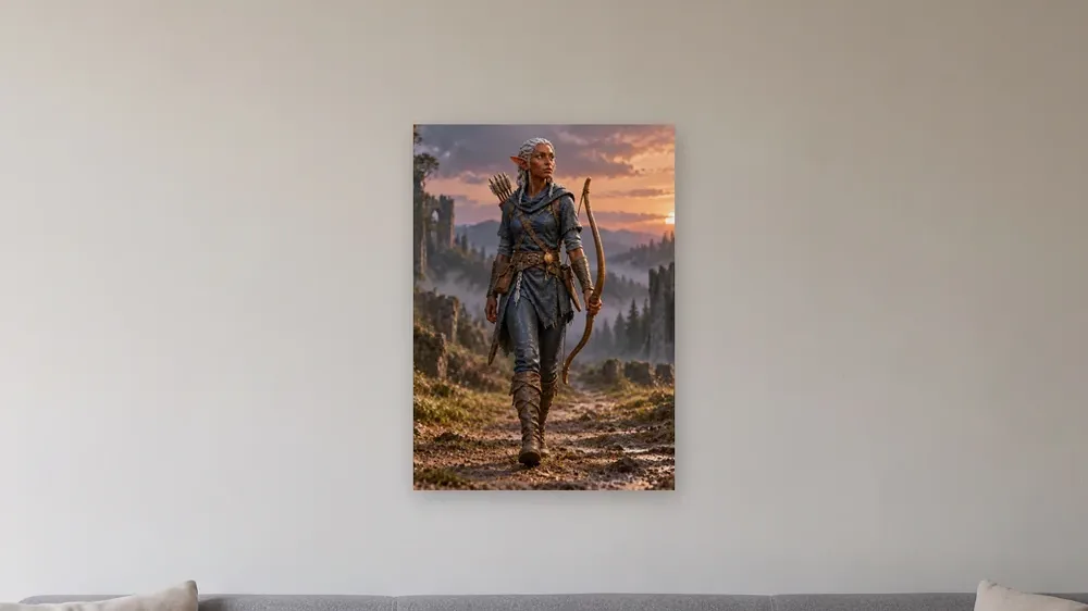 A stretched canvas of an archer on a woodland path, on a pale wall above a sofa.