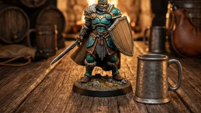 A painted armoured miniature in a firelit tavern setting beside a pewter tankard.