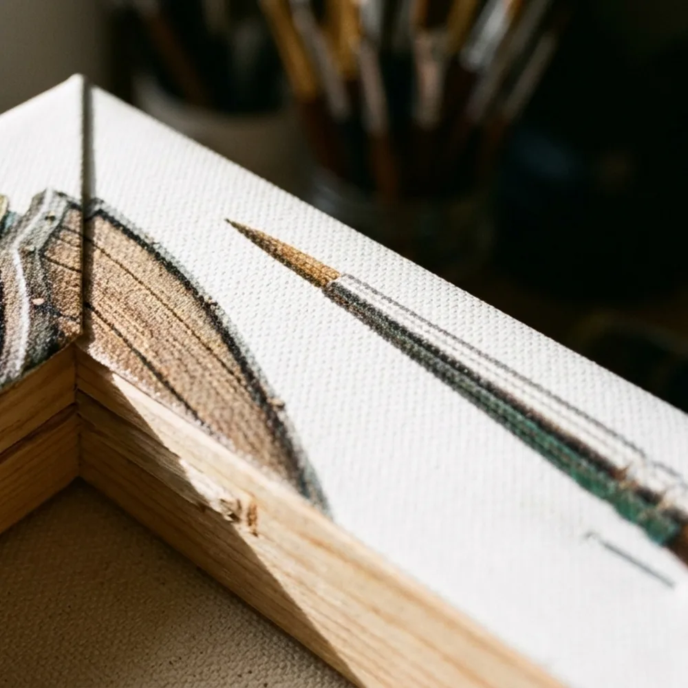Corner of a gallery-wrapped canvas print showing texture and deep wrap