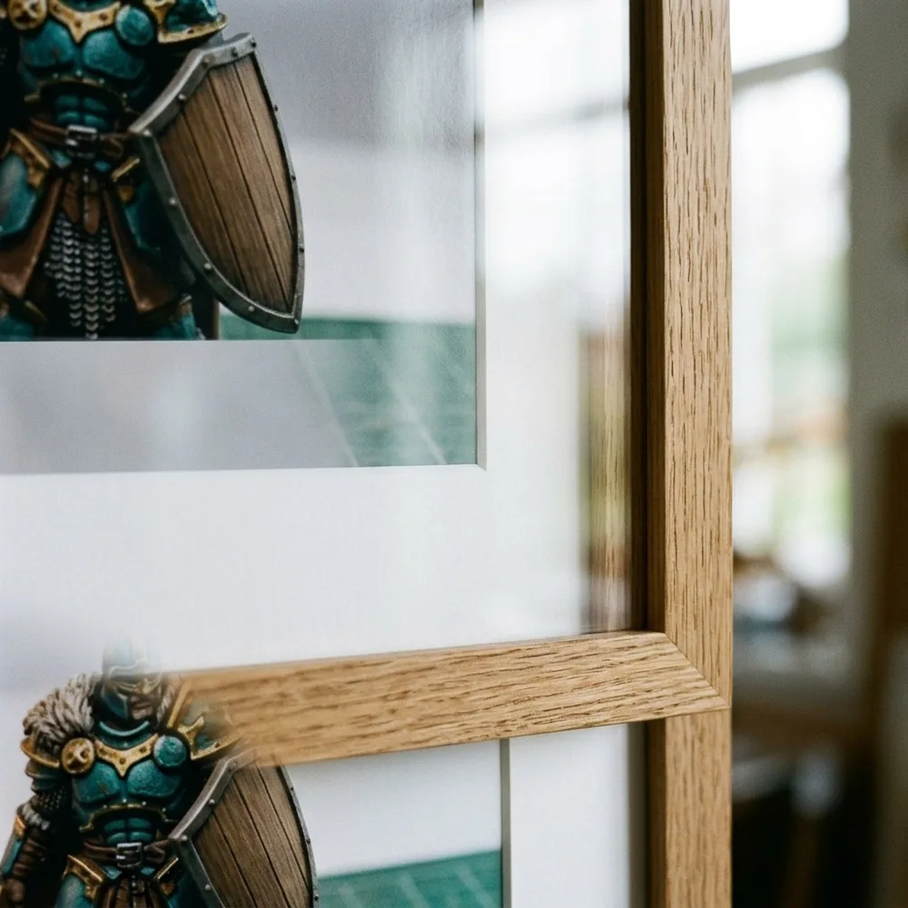 Mitred corner of a natural oak frame with white mount