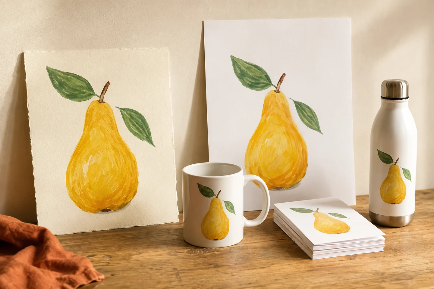 One watercolour pear shown on paper sheets, a mug, a bottle and cards.