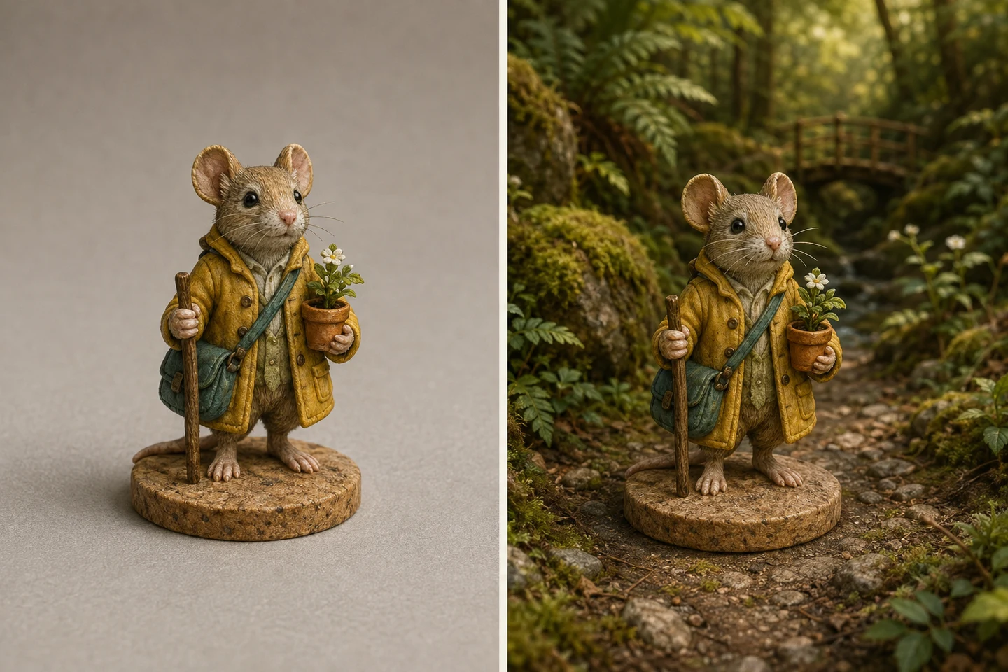 Side-by-side mouse figures showing the coat, face, walking stick and flowerpot
