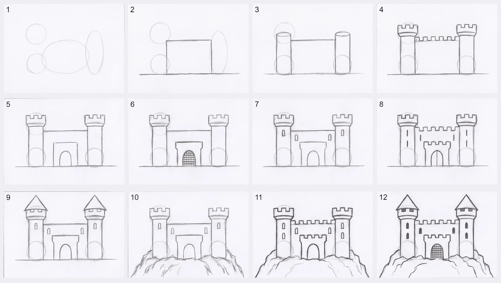 All twelve steps of the castle drawing in one grid, from the first light guide shapes to the finished pencil drawing.