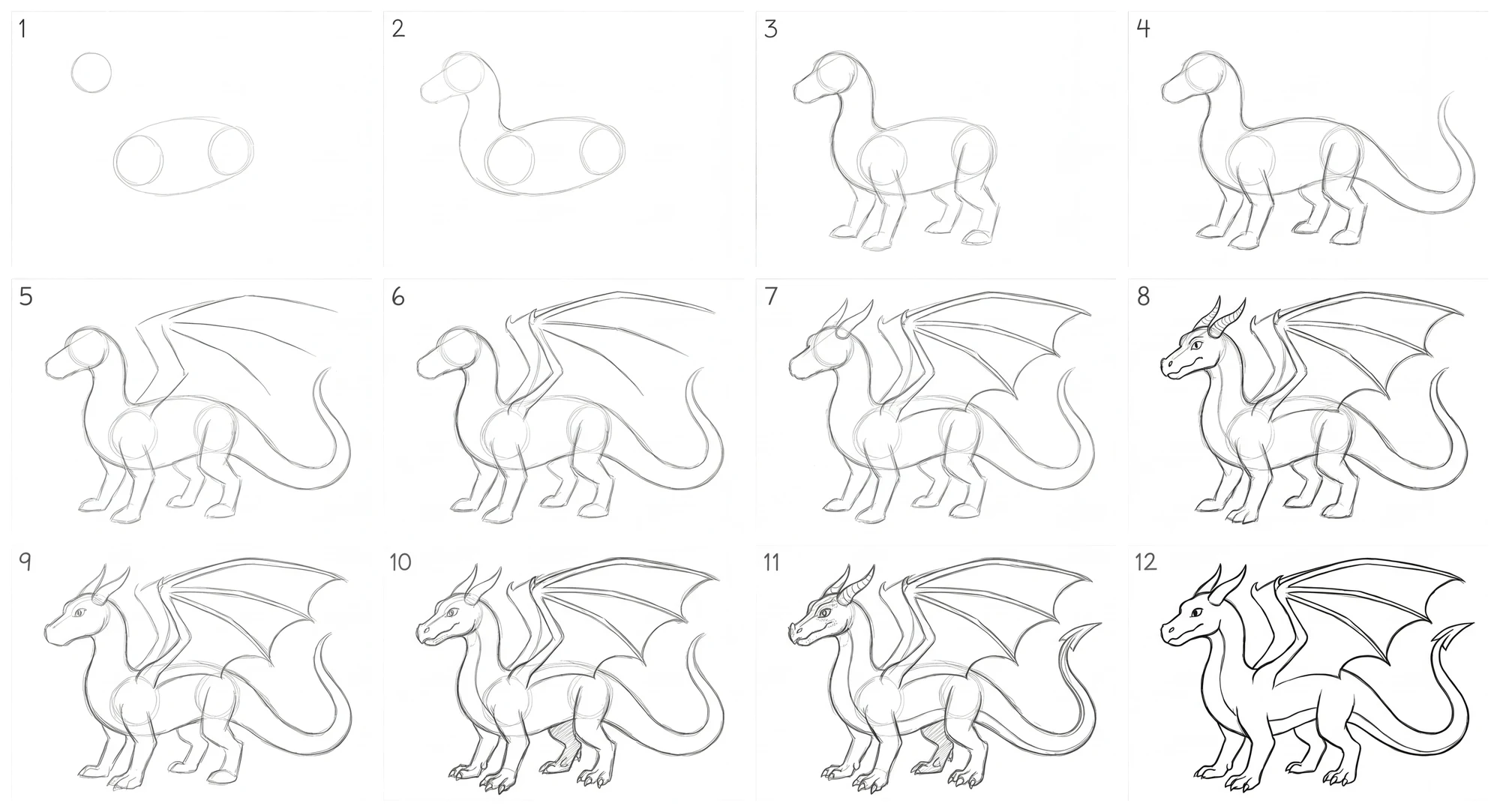 All twelve steps of the dragon drawing in one grid, from the first light guide shapes to the finished pencil drawing.
