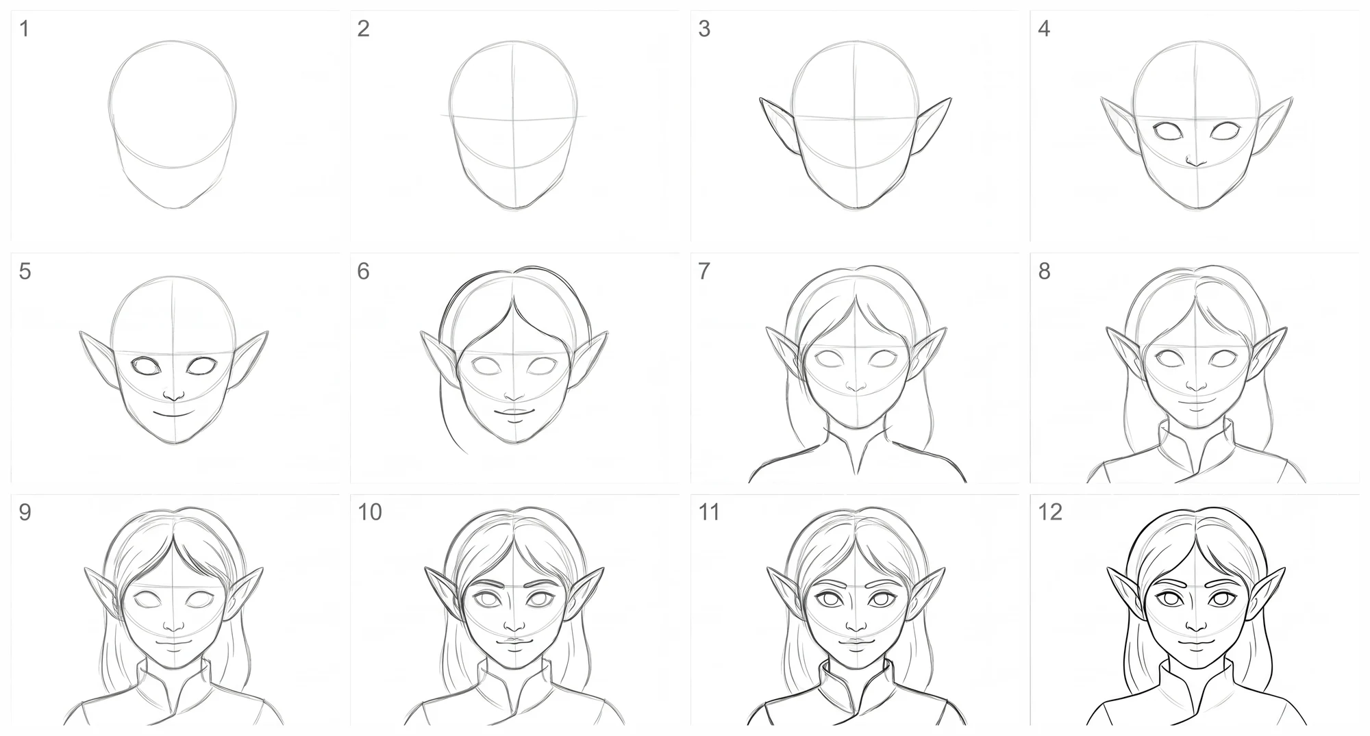 All twelve steps of the elf drawing in one grid, from the first light guide shapes to the finished pencil drawing.