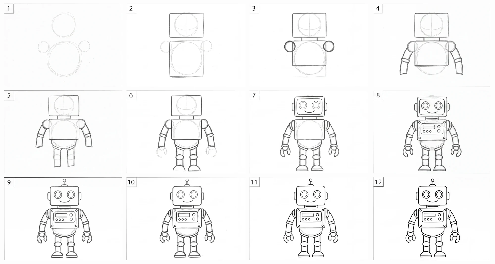 All twelve steps of the robot drawing in one grid, from the first light guide shapes to the finished pencil drawing.