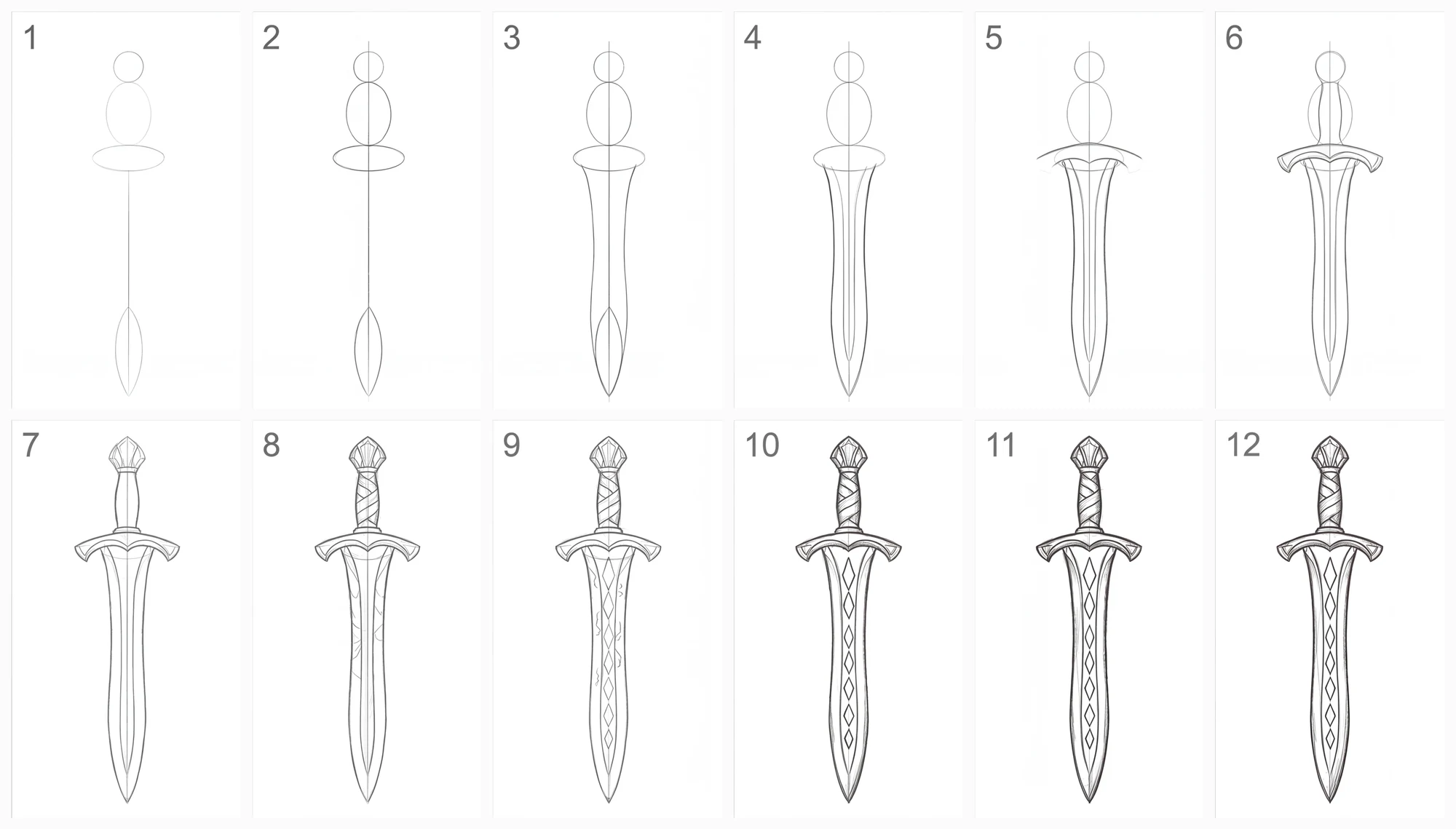 All twelve steps of the sword drawing in one grid, from the first light guide shapes to the finished pencil drawing.