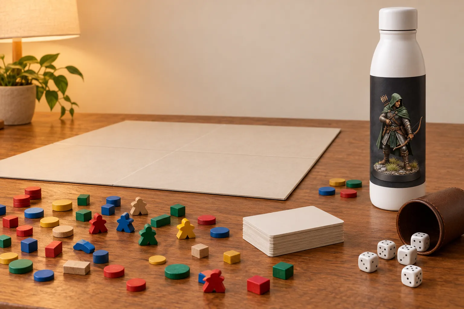 A board game table with wooden counters, blank cards and a dice cup, and a white water bottle printed with a painted miniature.