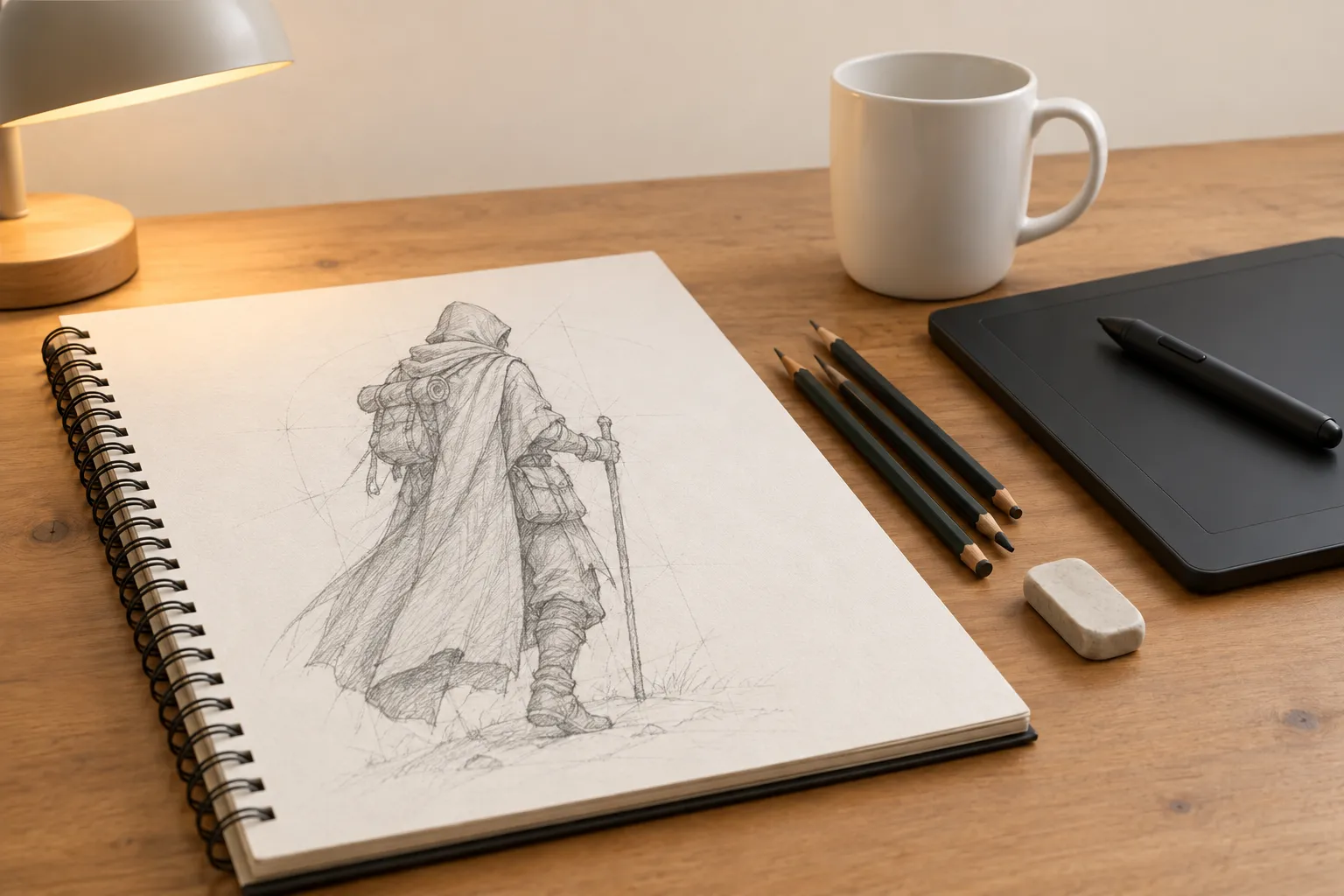 An open sketchbook with a pencil drawing of a hooded adventurer with a walking staff, beside pencils, an eraser, a graphics tablet and a plain white mug.