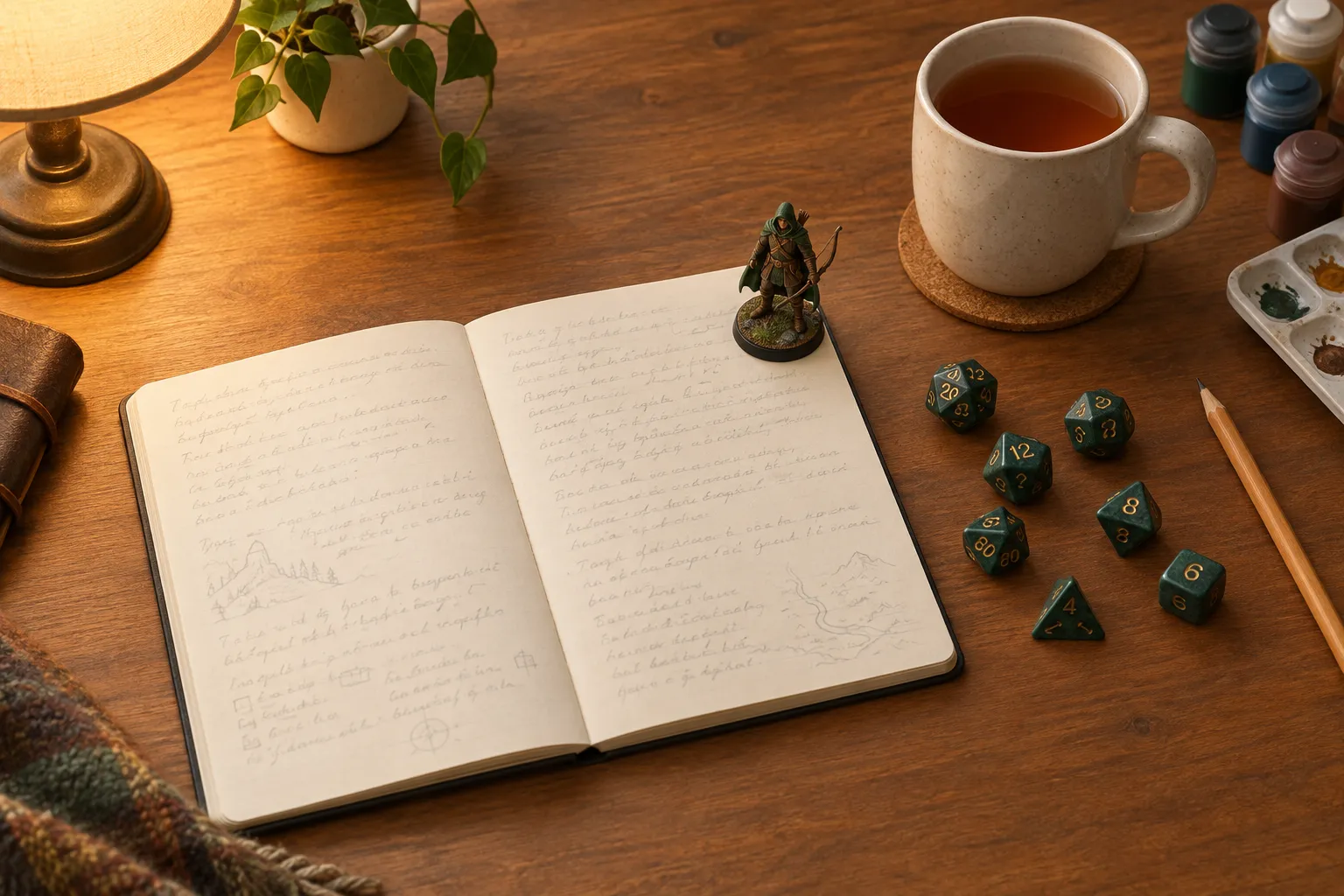 An open notebook of handwritten campaign notes with small pencil sketches of hills and a map, a painted ranger figure standing on the page, with green dice and a mug of tea beside it