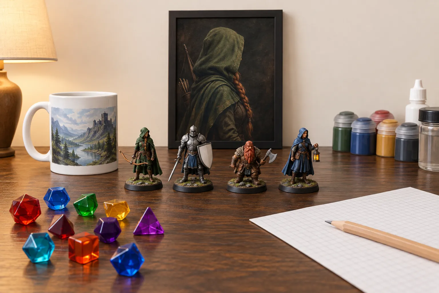 A game night table with coloured polyhedral dice, four fantasy adventurer miniatures, a mug printed with a mountain landscape and a black-framed portrait of a hooded ranger.