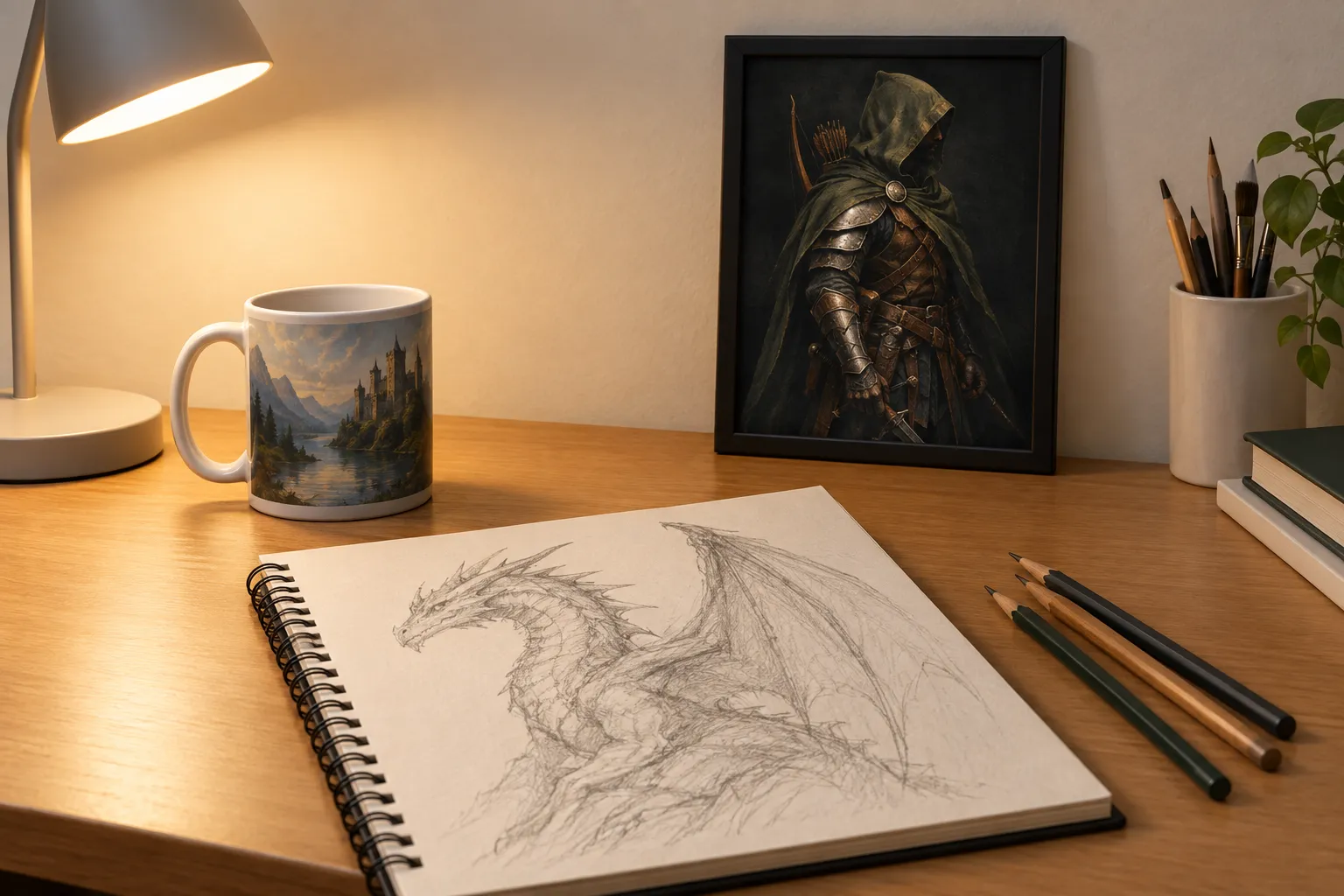 A bedroom desk with a mug, an open sketchbook and a plain black frame holding a study of a painted figure.