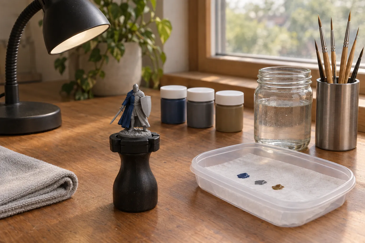 A grey fantasy knight figure with a blue cloak on a black painting handle, beside a lidded tub holding damp paper with three dabs of paint, a jar of water, brushes in a steel pot, three unlabelled paint pots and a desk lamp on a wooden desk by a window.