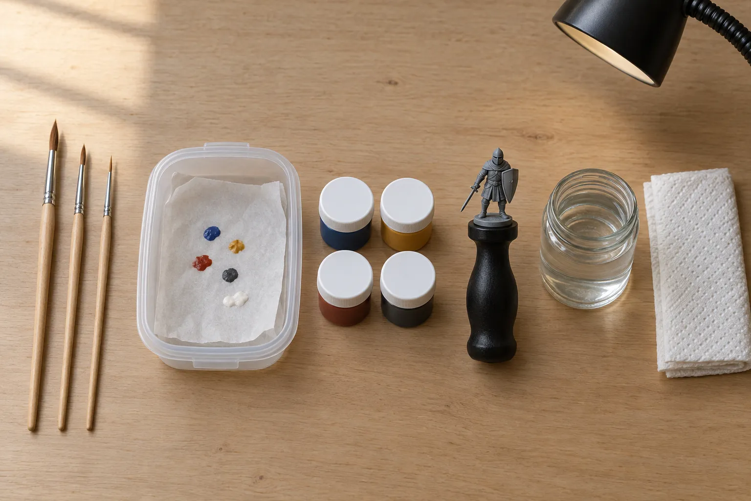 A flat lay on a wooden desk: three brushes of different sizes, a lidded tub of damp paper with five dabs of paint, four unlabelled paint pots, a grey knight figure on a black painting handle, a jar of water, a folded paper towel and a desk lamp at the corner.