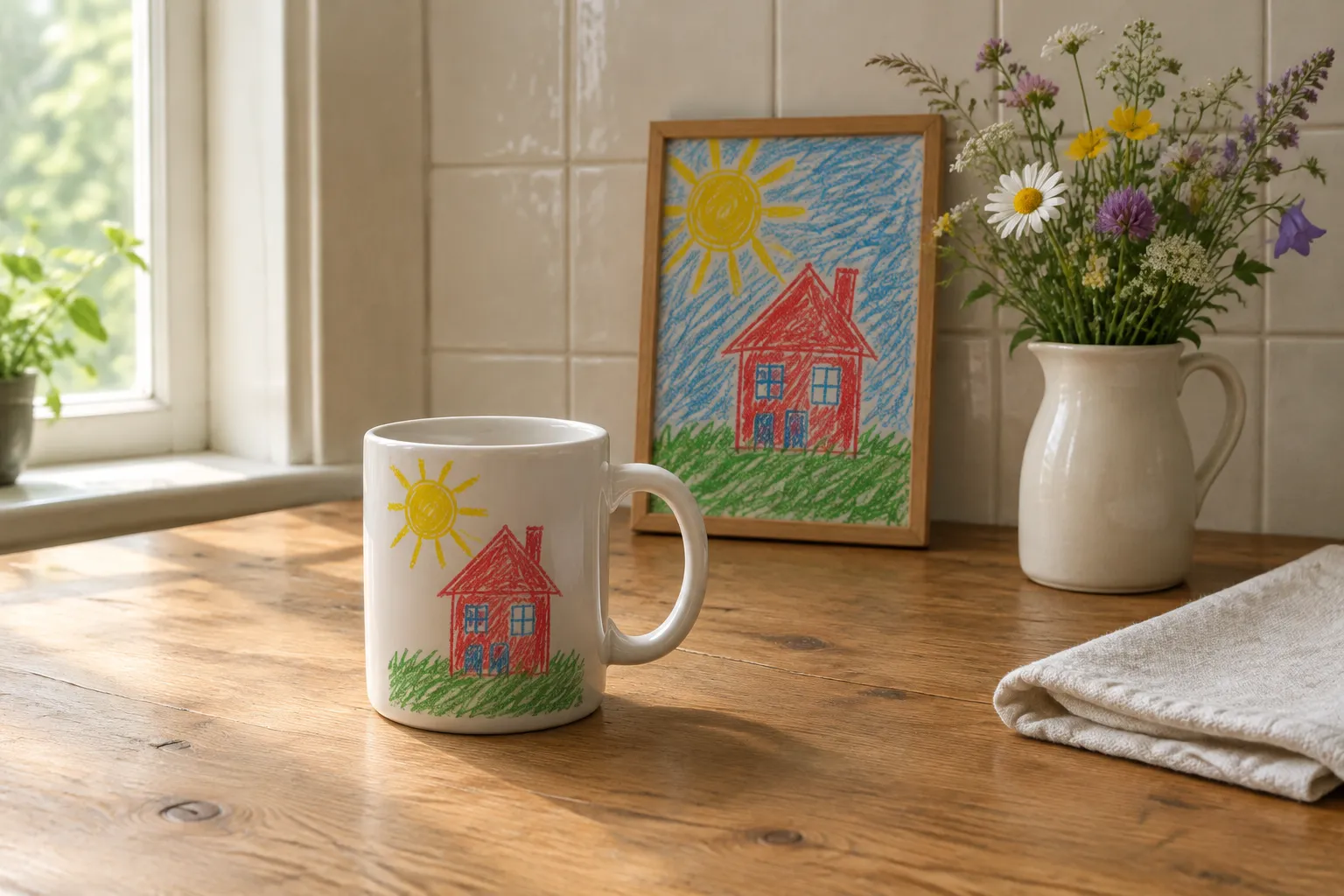 A white mug printed with a child-style crayon drawing of a sun and a red house on a wooden kitchen table, with a small framed copy of the drawing and a jug of wildflowers behind it.