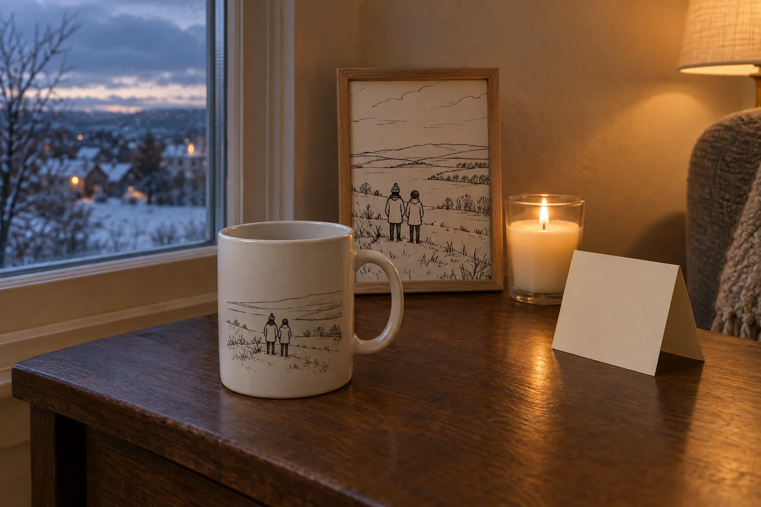 A white mug printed with a simple ink line drawing of two figures seen from behind, beside a small natural-wood framed copy of the drawing, a lit candle and a blank folded card on a dark oak table beside a window onto a snowy village at dusk.