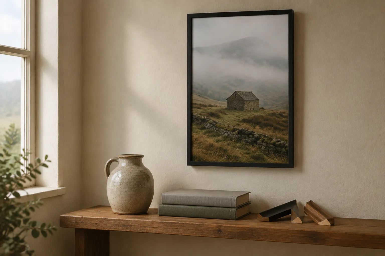 A portrait black frame holding a photograph of a stone barn on a misty hillside, hung on a cream wall above a wooden shelf with a stoneware jug, two books and two small pieces of frame moulding.