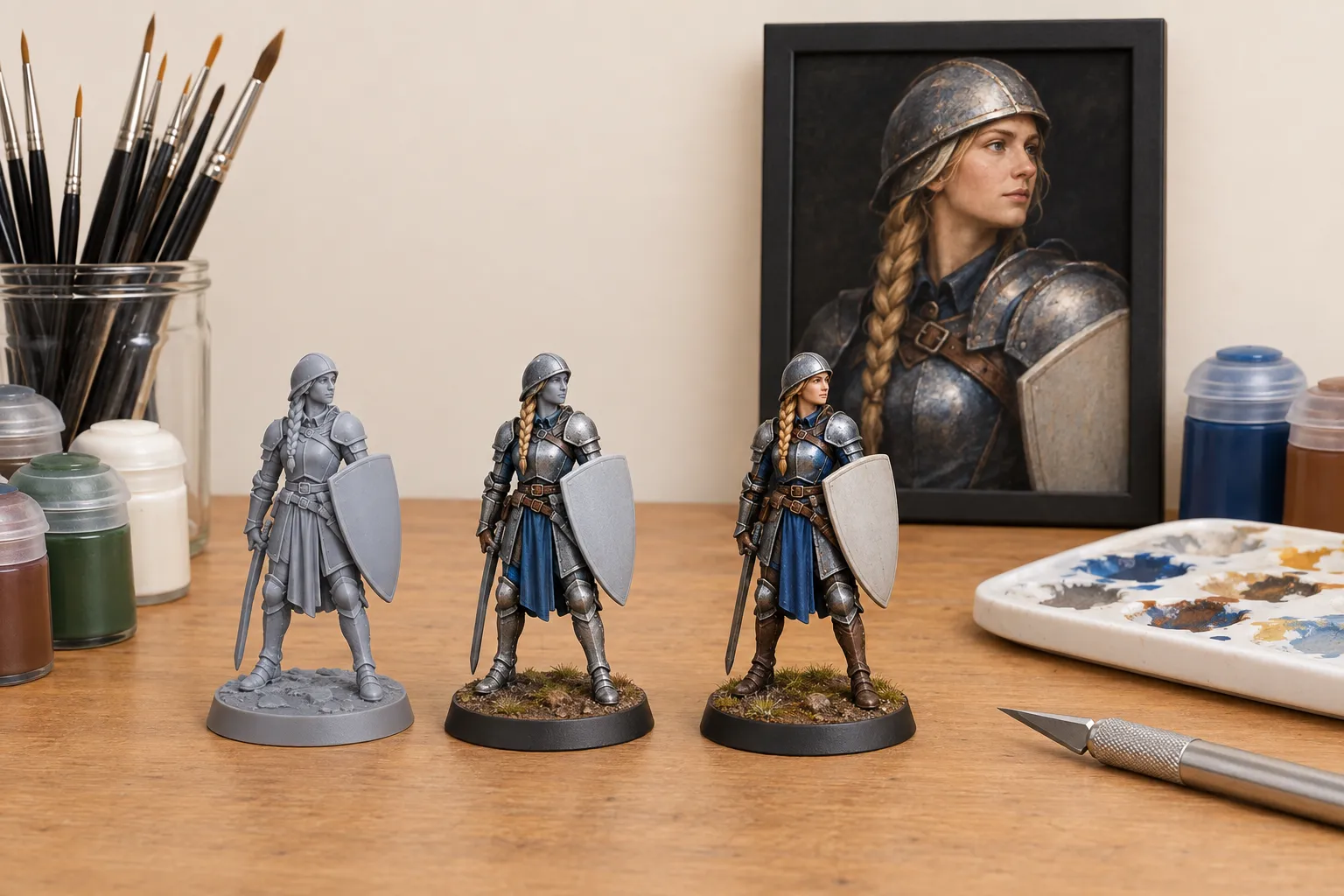 A hobby workbench with three stages of one knight miniature, from unpainted to finished, beside brushes and paint pots.