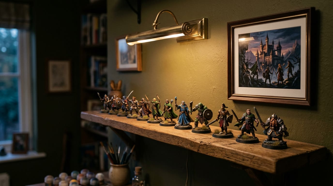 A warm wooden shelf displaying a row of painted miniatures under a picture light, a framed print beside them