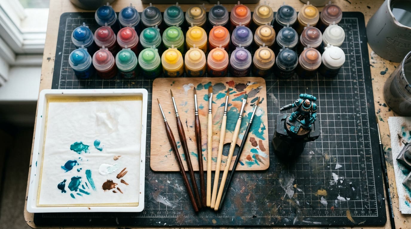 An overhead flat lay of paint pots, detail brushes, a wet palette and a miniature being painted